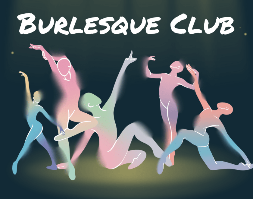 Burlesque club. Dark green background with spotlight. Cartoon figures in multicoloured pastel dancing