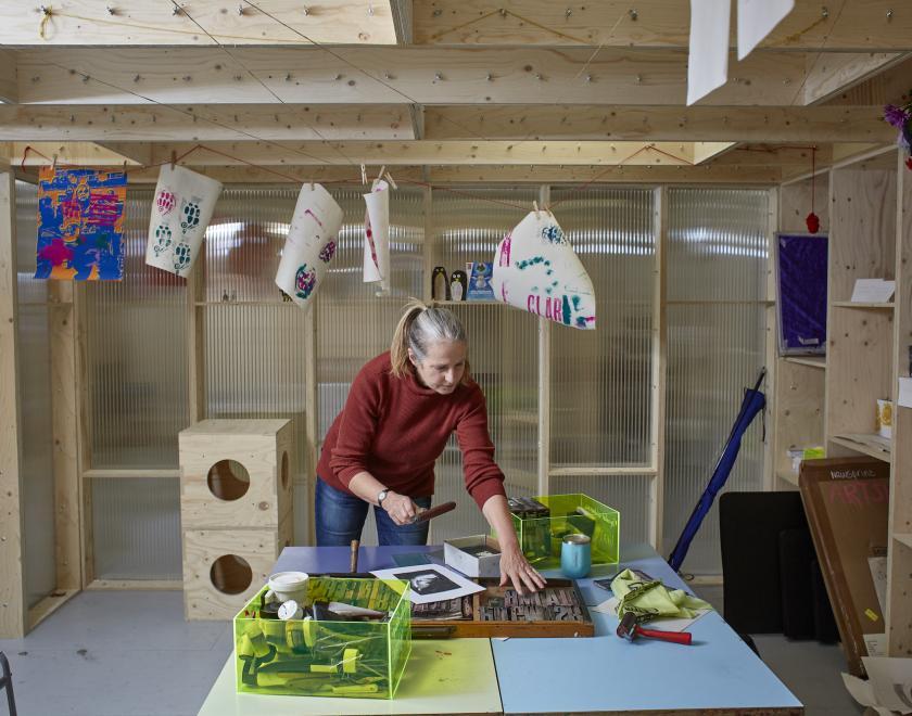lady printmaking in studio 