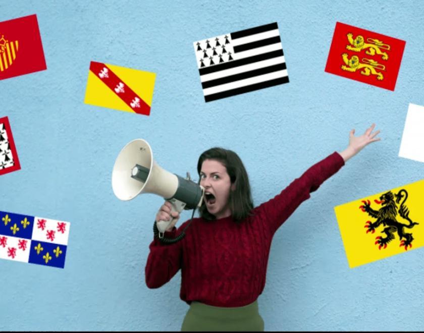 Woman surrounded by regional flags
