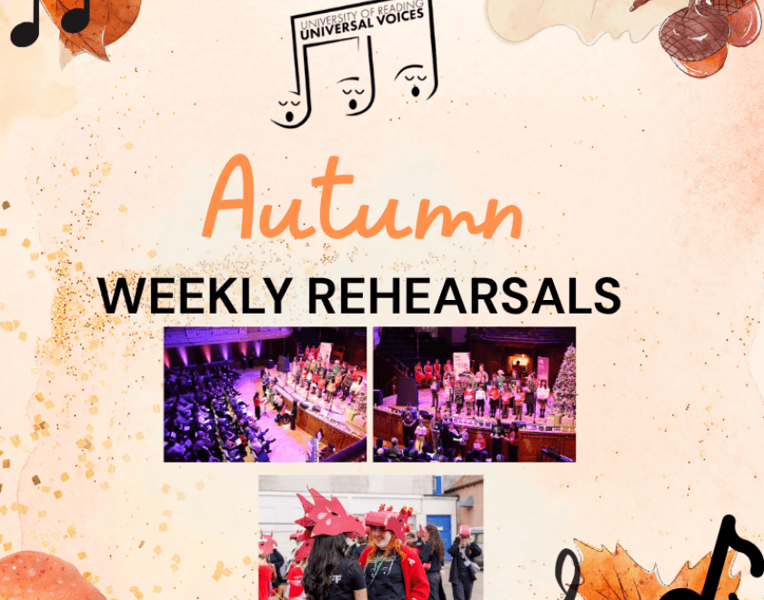 Autumn themed poster with leaves, mushrooms and musical notes. Universal Voices logo is located at the top- it is a triplet with eyes and text that reads 'Universal Voices, University of Reading.' Other text on the poster says 'Autumn' and 'Weekly Rehearsals'. 