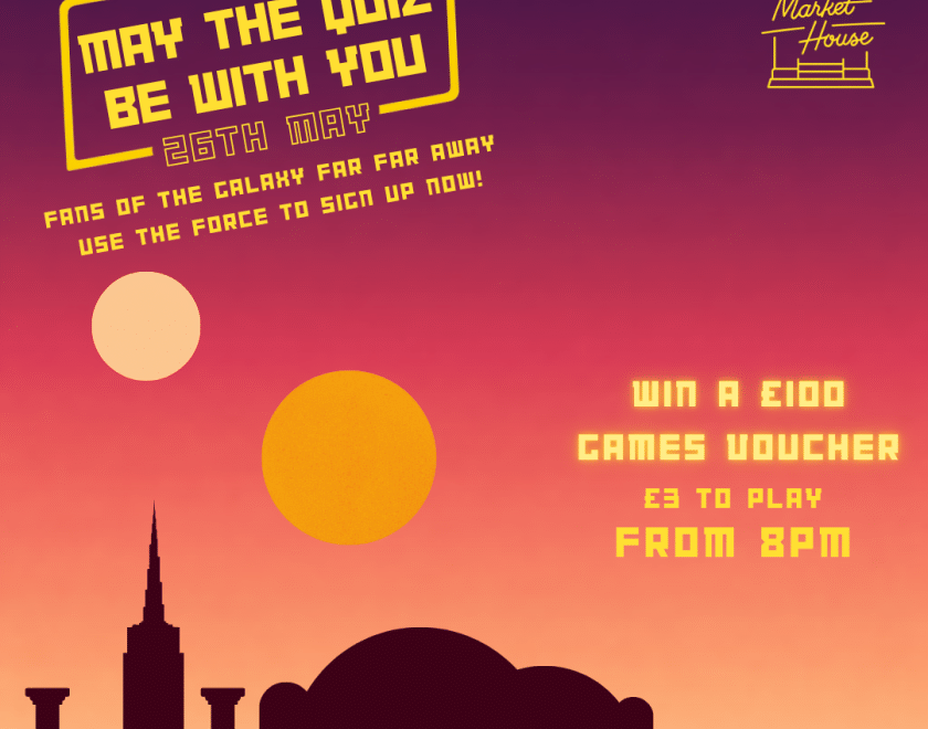 ‘May the Quiz Be With You’ on 26 May, 8pm, £3 entry, with a colorful sunset and skyline.”