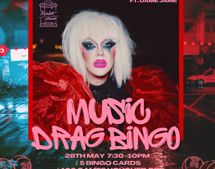 Neon-style poster for ‘Music Drag Bingo’ on 28 May, 7:30–10pm, featuring a drag performer and bold city night background.