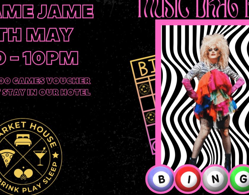 Poster for Music Drag Bingo Ft. Dame Jame with an image of a drag queen in an outrageous costume