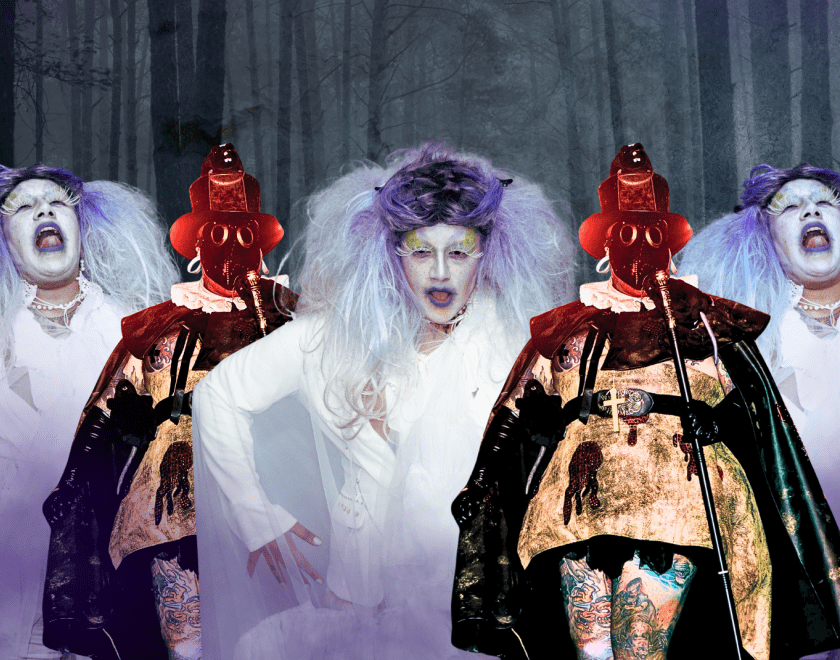 A grey and black background of a spooky forest. Philli Mi Up is dressed as a plague doctor, with a mask, a staff and a cape. Big Jay is pictured wailing, wearing white and lilac colours.