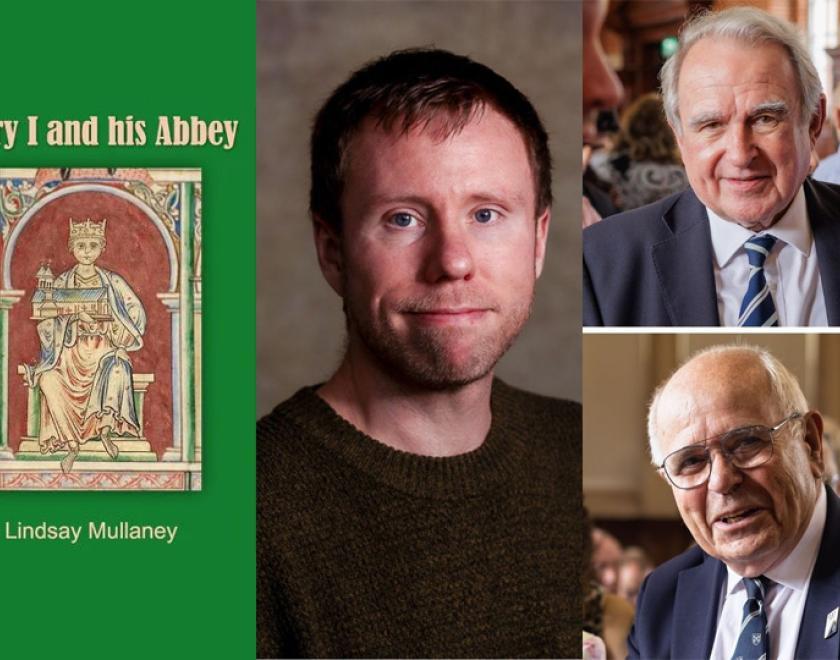 Montage of images - the cover to the book Henry I and his Abbey; a thirty-something man with short hair and a brown jumper; and two middle-aged balding men in blue suits