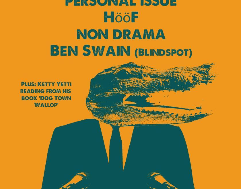 Yellow background poster; dark greenish writing lists the performers above an image of a suited individual with an Alligator head behind a press lectern