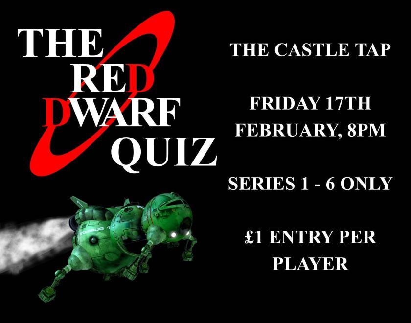 Black background poster. Left-hand side says "The Red Dwarf Quiz" in offset white lettering except the D's which are red and there is a red ring at a slant around the words  reminiscent of a planetary ring. Below the title is a blobby green spaceship - the Starbug - from the show. Right hand side has white text with info about the quiz; see main page text for same details.