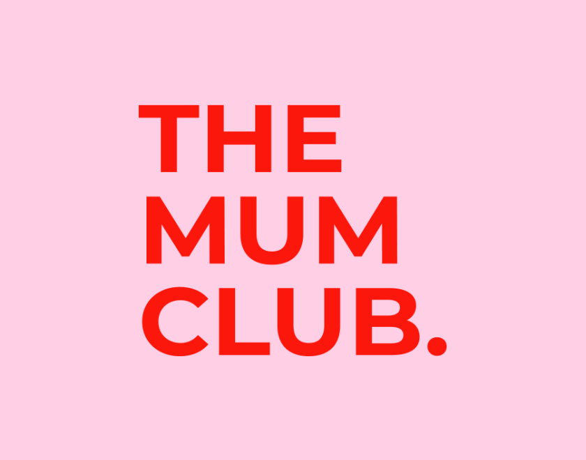 "The Mum Club" written in red writing against a pink background