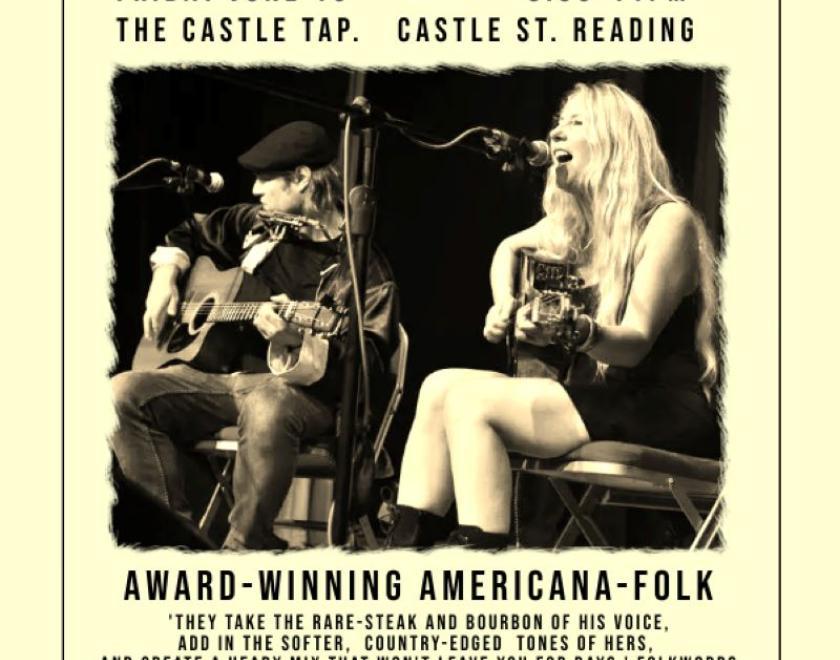 Cream poster with a central black and white image of two seated musicians each with microphones and guitars. The Title reads "The Castle Tap presents an intimate evening of folk-americana with Larkham & Hall"
