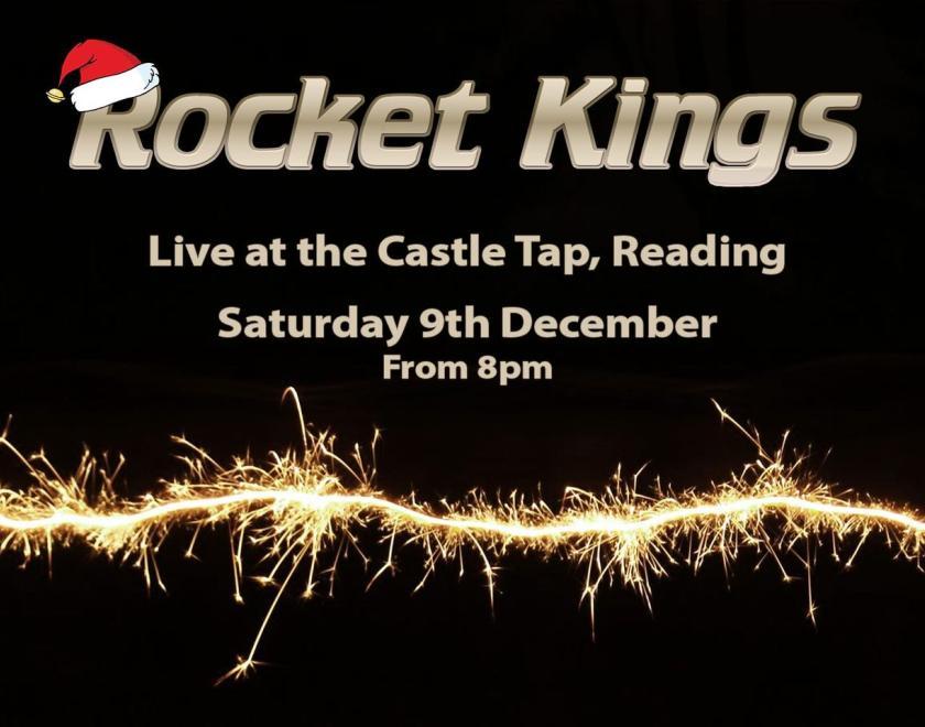 Black Poster with a crackle like a sparkler trail across the bottom. Band name "Rocket Kings" at the top with the R sporting a jauntily angled Santa hat