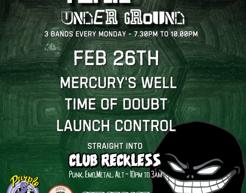 Turtle Underground  3 bands every Monday at The Purple Turtle.  Followed By Club Reckless