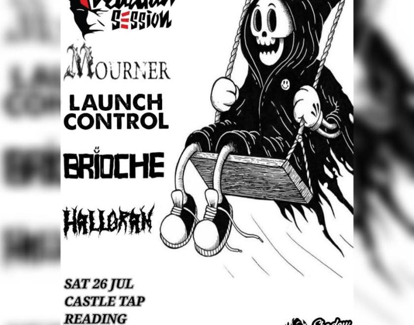 Poster with a cartoon figure of Death on a swing on the right hand side and a list of bands on the right