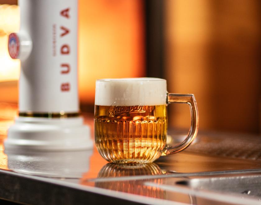 A pint of golden lager with a foamy head sits in a handled glass on a shiny bar