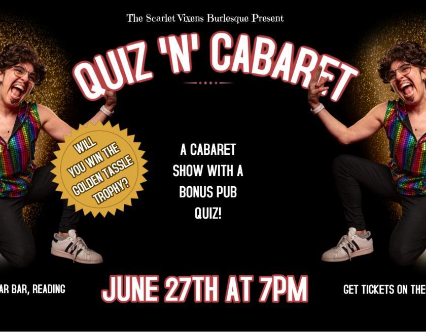 Photo of a drag king and the logo "Quiz n Cabaret"