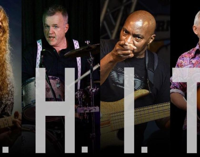 The four members of the S H I T, with the image segmented into four, each with their respective letter over the top