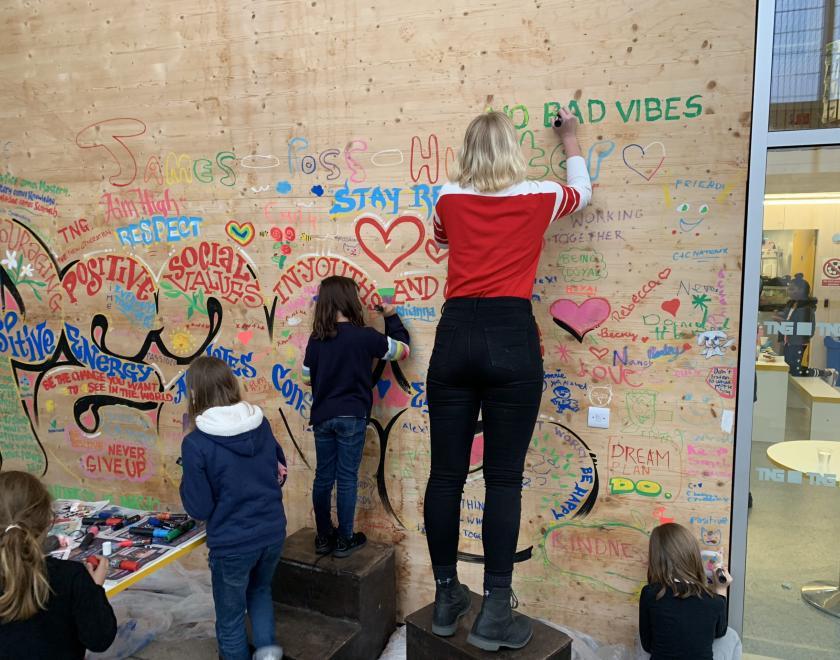 Image of a woman and two children with their backs to us decorating a wall for Fun Palaces