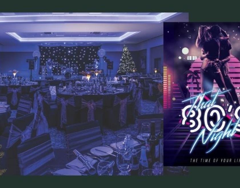 The image shows two photos. The main image shows a room set up for a Christmas party. The second smaller image shows the 80s band.