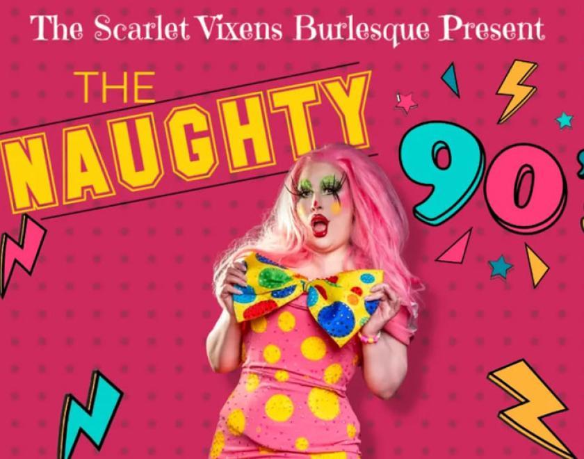 Poster with a burlesque performer in a Mr Blobby-inspired plastic dress and 90s style graphics