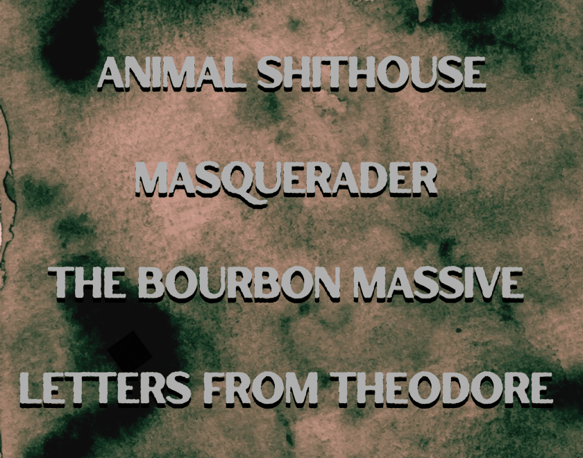 Black and white text displayed on a watercolour style  green, black and brown background reading “Facebar, 28th March, doors 7:30pm. Animal Shithouse, Masquerader, The Bourbon Massive, Letters from Theodore. Pay what you can donations for art degree show.” 