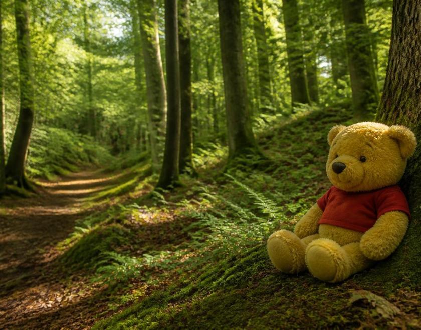 A woodland image with Winniethe-Pooh leaning against a tree in the right foreground
