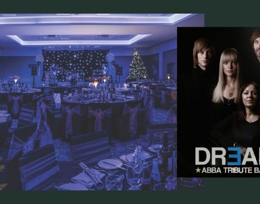 The image shows two photos. The main image shows the room set up for a Christmas party and the smaller image shows a photo of the tribute band.