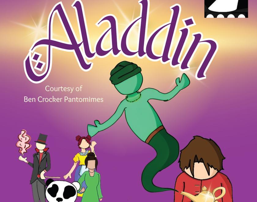 Poster for Aladdin with cartoon images of Aladdin, the genie and various other characters