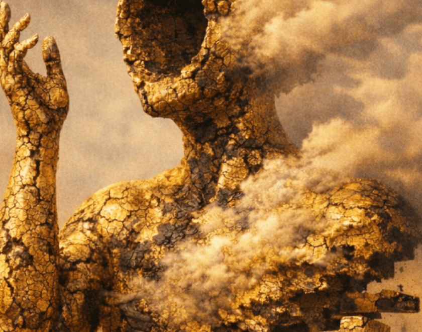 Sculpture of a humanoid figure with a big hole where its face should be