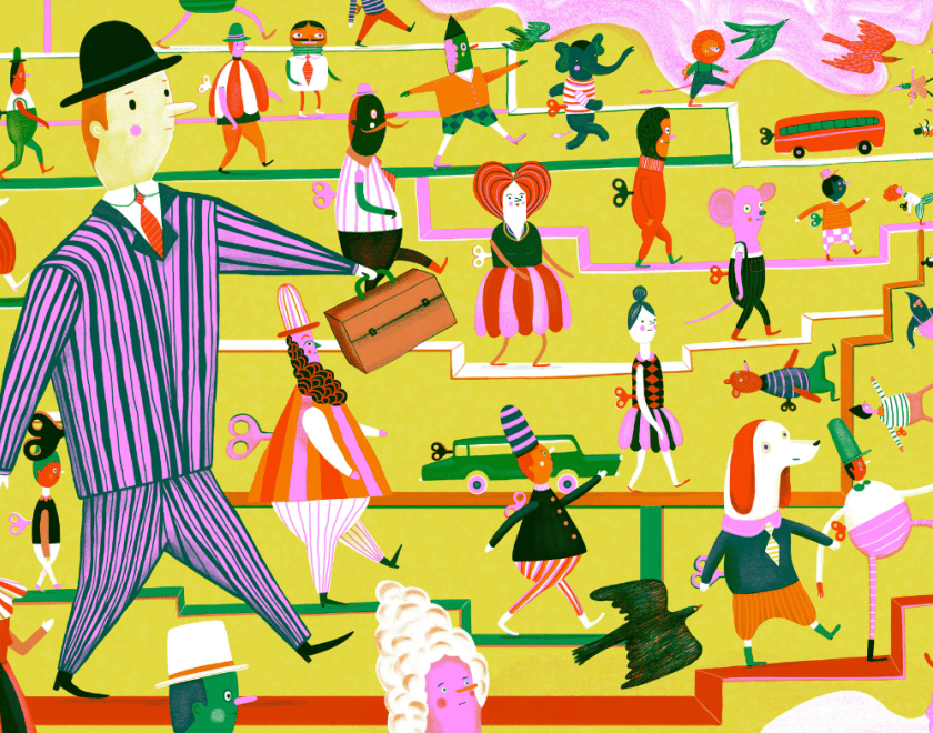 Character walking on a yellow background