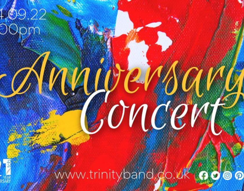 Multicoloured background with text "Anniversary Concert"