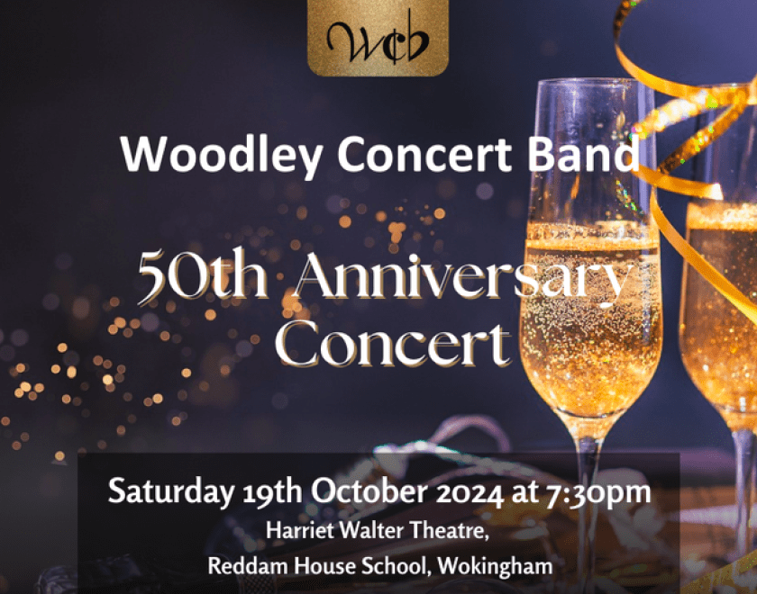 Banner image for 50th Anniversary concert with two glasses of champagne and concert text.