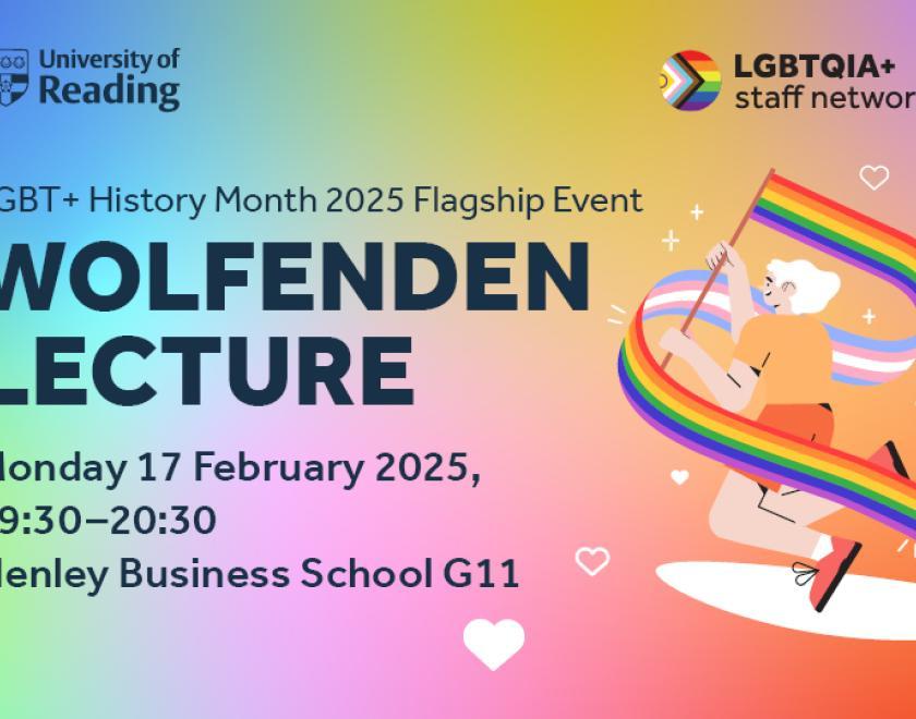 Banner for Wolfenden Lecture with rainbow coloured background and graphics of Pride flags