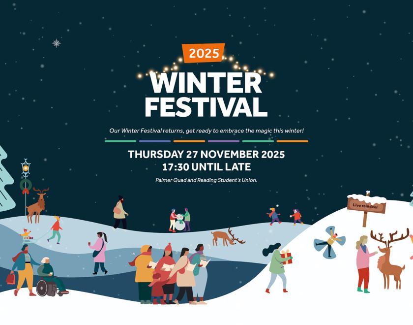 University of Reading Winter Festival artwork, with cartoon people having all manner of fun in a snowy scene