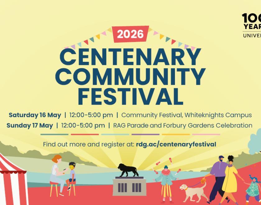 University of Reading Centenery Community Festival 2026 poster with cartoon images of people enjoying the festival