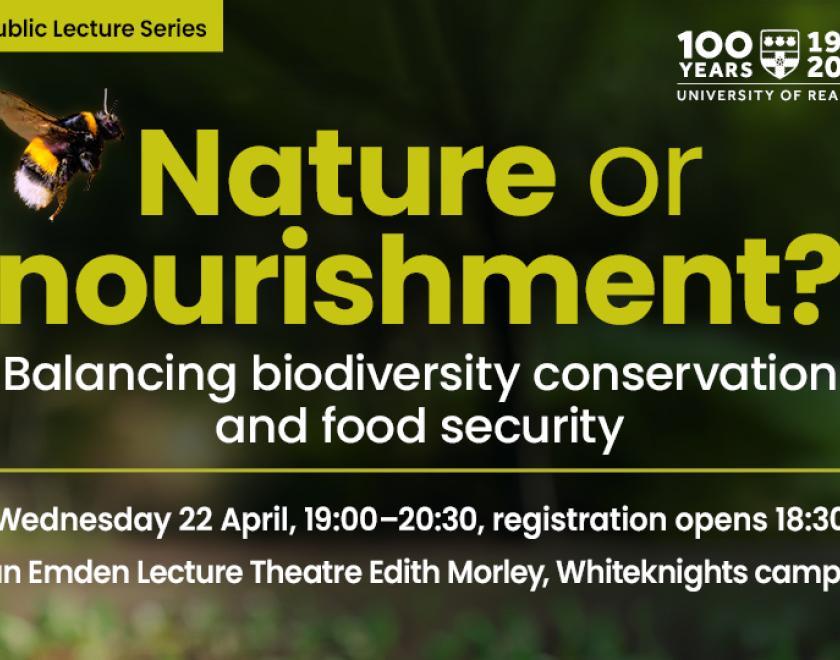 event banner for Nature or Nourishment with an image of a bee in a garden and info about the event