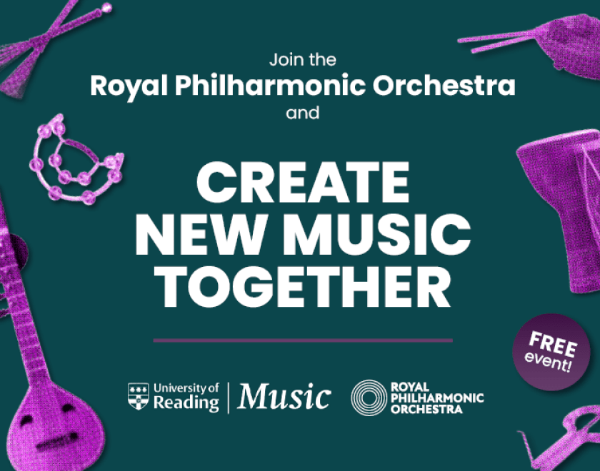 Poster for New Music Workshop with the Royal Philharmonic Orchestra with purple images of instruments over a green background