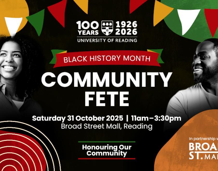 Event poster with headshots of black people smiling surrounded by imagery of bunting and info about the event