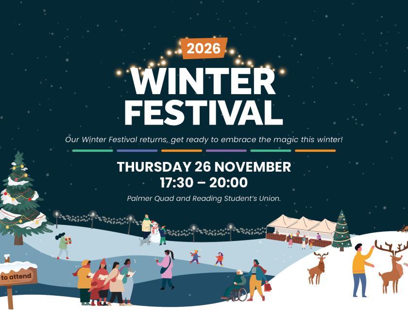 University of Reading Winter Festival artwork, with cartoon people having all manner of fun in a snowy scene