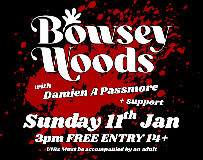 Bowsey Woods sound swings from mellow moods to biting environmental protest songs.  With support from Damien A Passmore  FREE ENTRY 