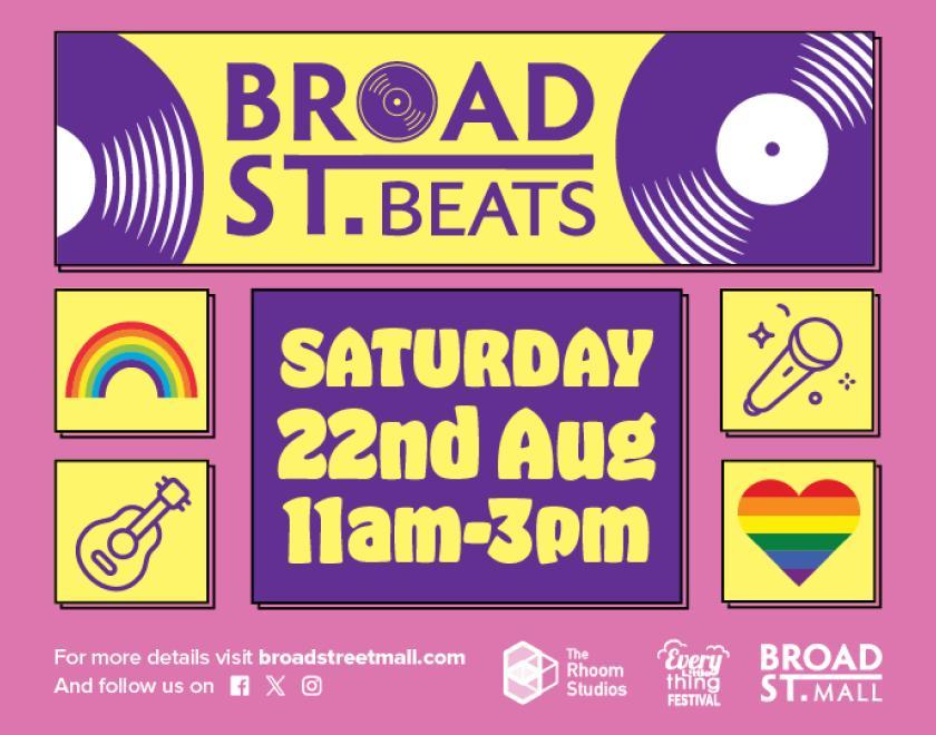 Broad Street Beats banner with multiple icons showing records, headphones, musical instruments and rainbows