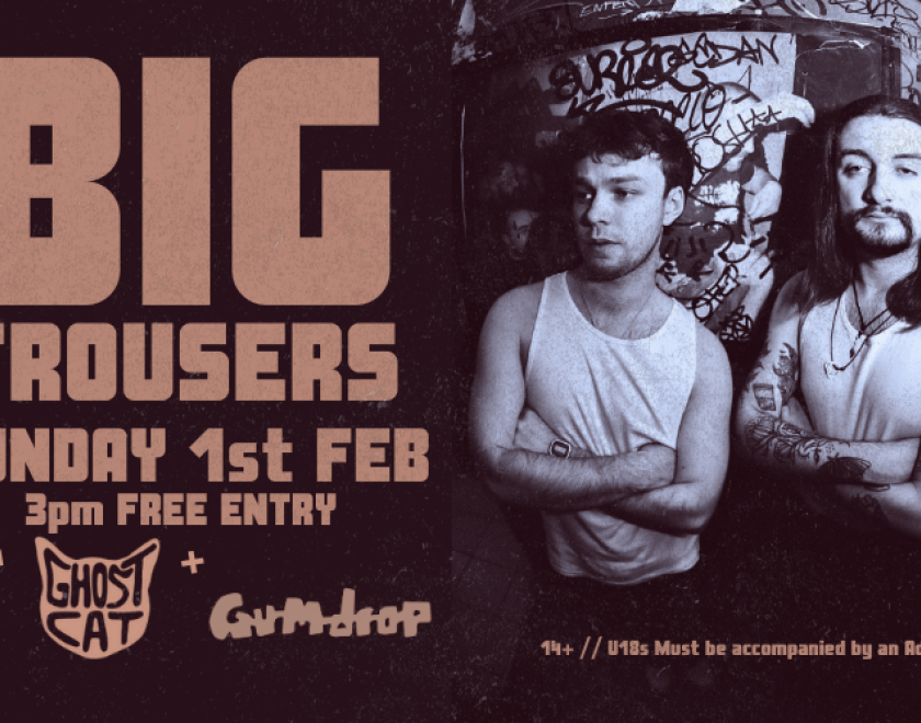 Postmodern power-duo @big.trousers bring a unique brand of volume, energy and eccentricity drawing from progressive rock and post-punk to construct their spoken-word, experimental sound,  With support from Reading's @ghost_cat_music and @gumdrop.gumdrop (Bristol)   3PM FREE ENTRY// 14+ ID Required  U18s MUST BE ACCOMPANIED BY AN ADULT