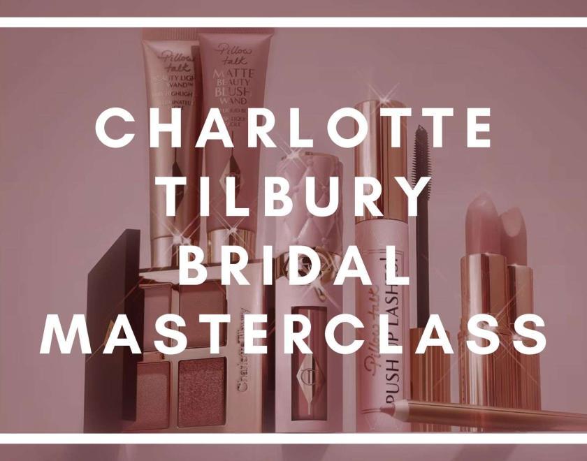 Pink makeup in box with Charlotte Tilbury Bridal Masterclass in bold white text