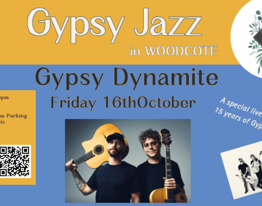 Event poster with a photo of two men holding classical guitars in a casual manner