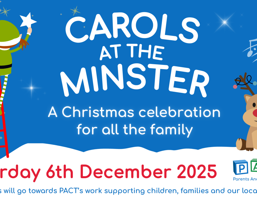 Cartoon images of a Christmas elf on a red ladder holding a star, musical notes and a reindeer with lights on its antlers