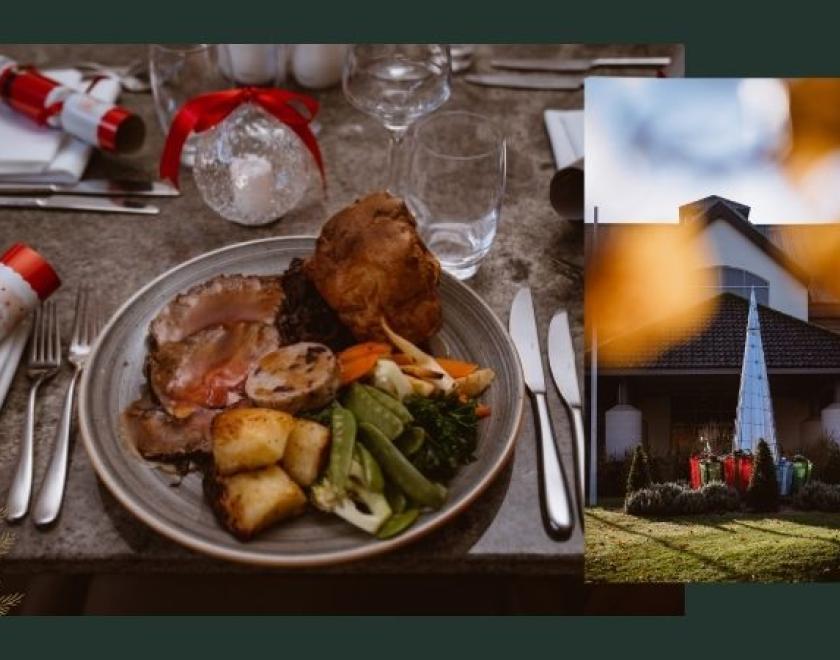 The photo shows two images. The main image shows a roast dinner with a Christmas cracker and the second image shows the exterior of the Wokefield Place building.