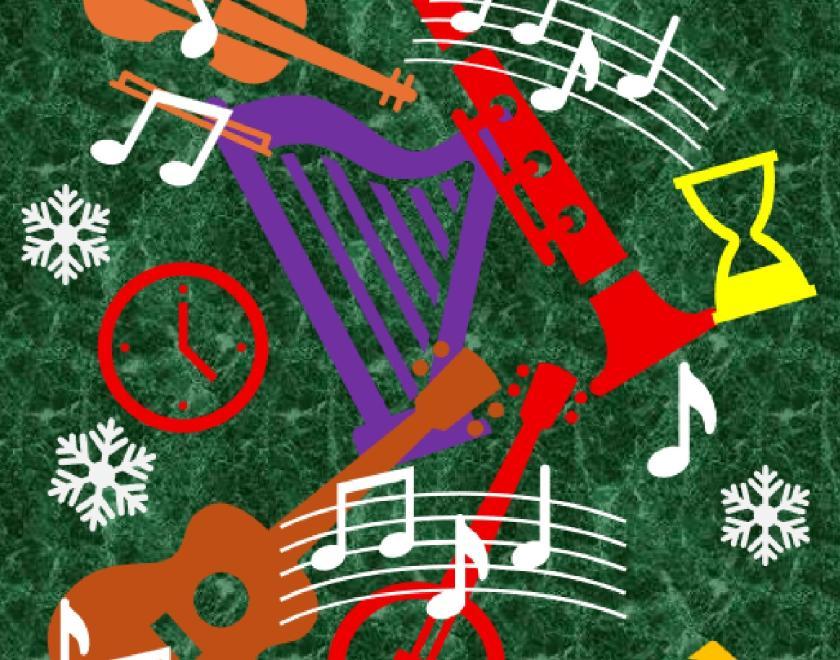 collage of images of musical instruments and musical notation, set against a dark green background, and with images of snowflakes amongs the instruments.