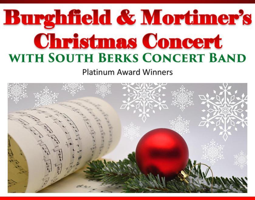 Poster for Burghfield & Mortimer's Christmas Concert featuring an image of some sheet music with a bauble on top