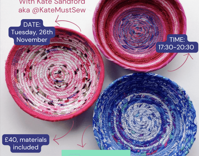 Flyer showing three fabric wrapped coiled bowls in shades of pink and blue