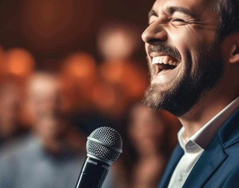 Man with his eyes closed laughing, holding a microphone.  Blurred audience in background.