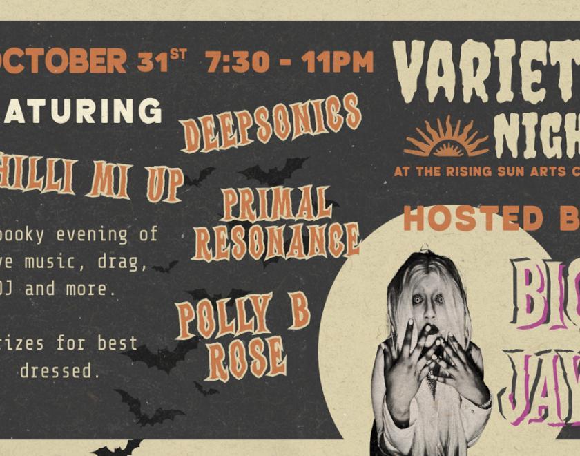 Event poster with an image of a drag performer and a list of the acts