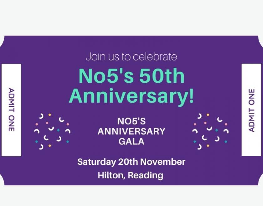 Purple ticket graphic reading "No5's 50th anniversary gala"